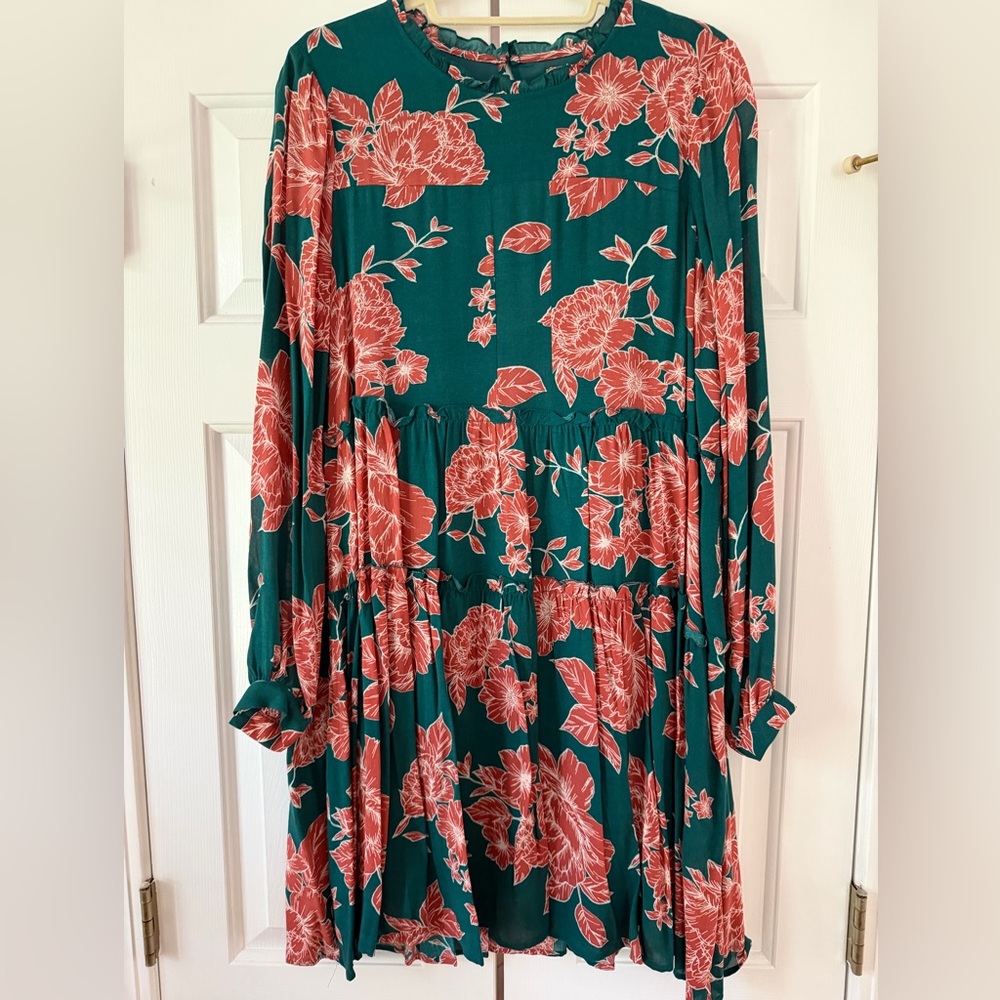 Anthropologie / Maeve Teal and Coral Floral Long Sleeve Dress